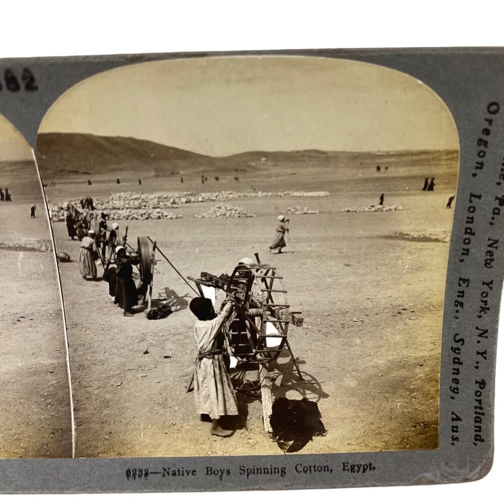 Antique 1905 Stereoview Photo Card Native Boys Spinning Cotton Egypt Keystone - Picture 4 of 10